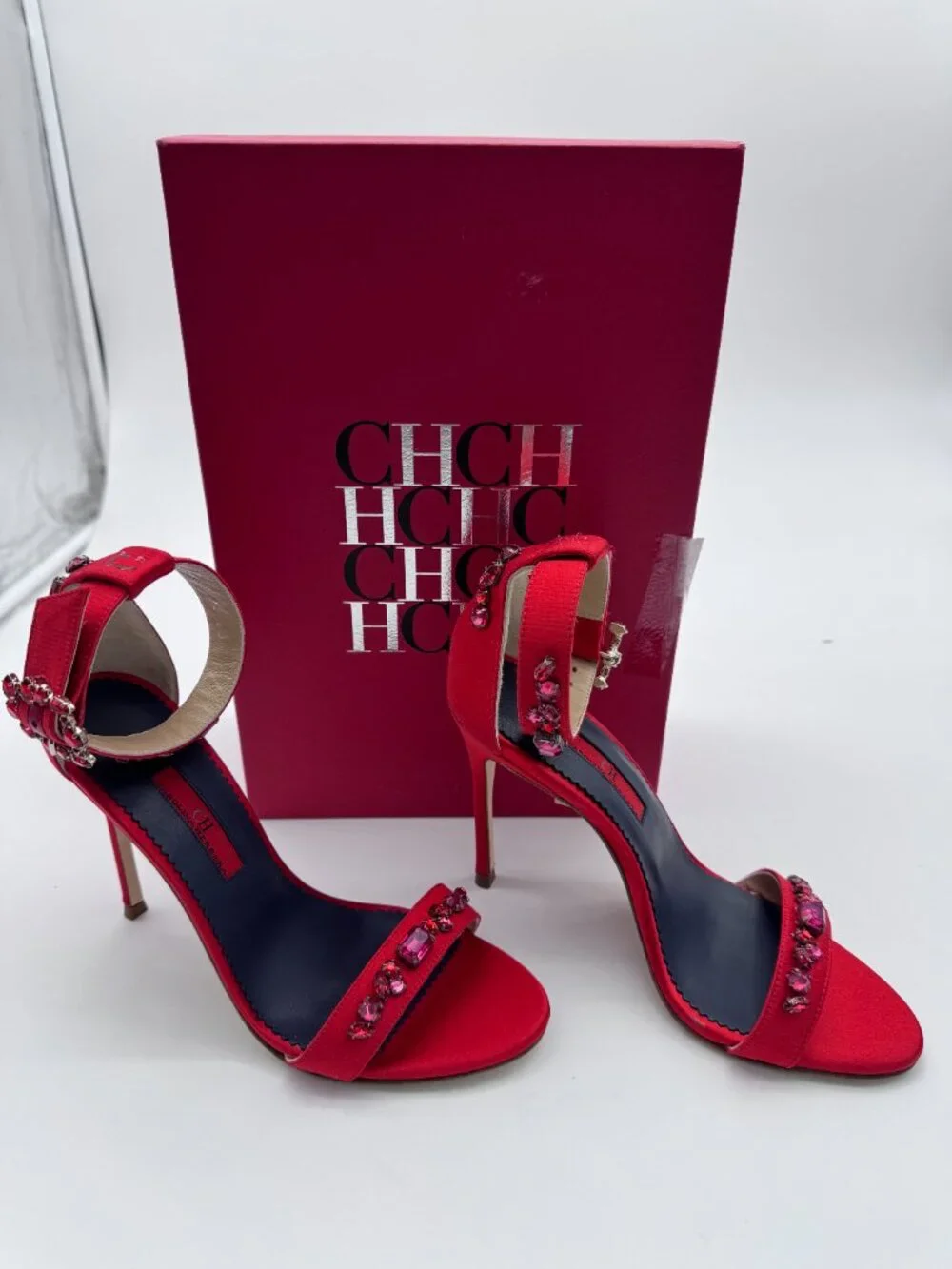 CH Carolina Herrera Red Satin Crystal Embellished Heels Size 36 Box